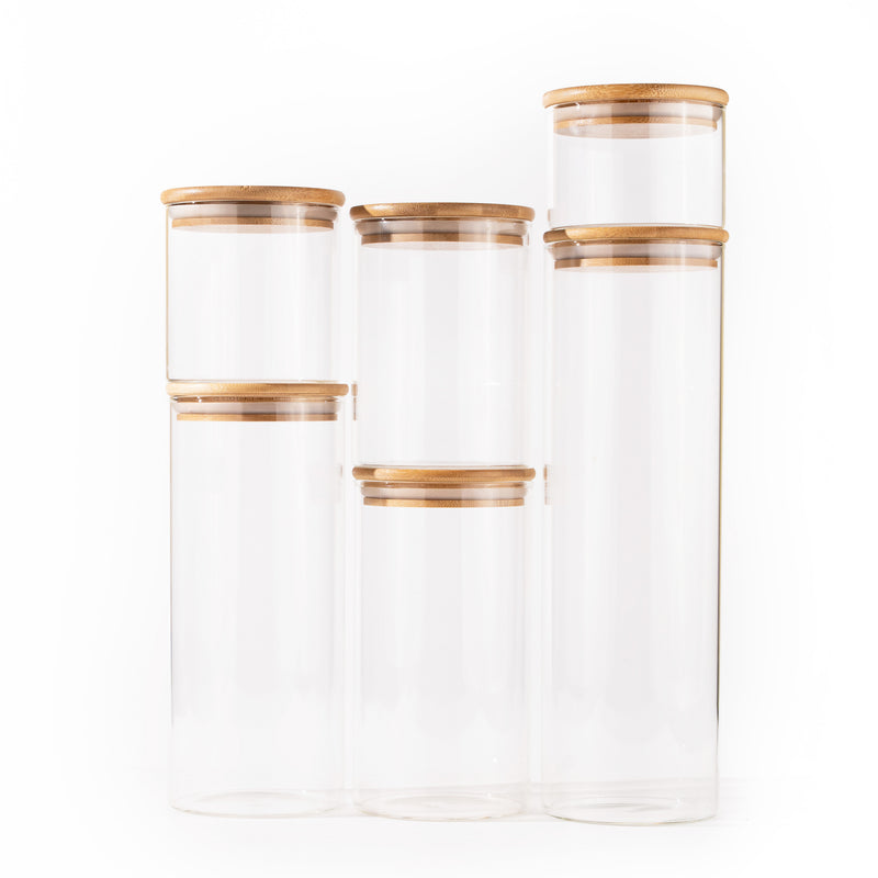 TAKISSO Pack of 6 Borosilicate Glass Jars with Airtight Bamboo Lids